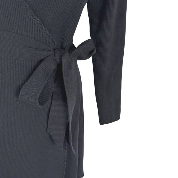 Sezane Tina Wrap Dress Large Black Merino Wool Blend Ribbed V-Neck DR-1807 - Picture 5 of 9